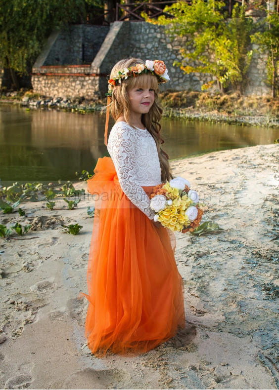 Ivory Lace Burnt Orange Tulle Fall Flower Girl Dress